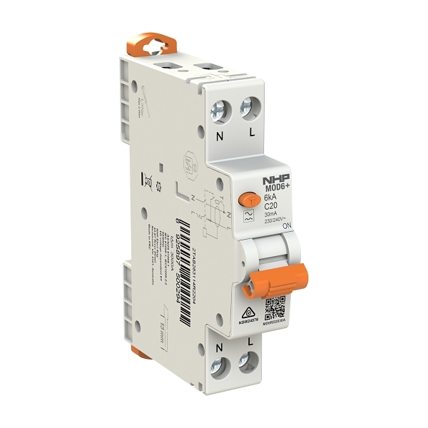 MOD6+ RCBO 6kA 1P+N 20A C Curve 30mA Type A Double Screw
