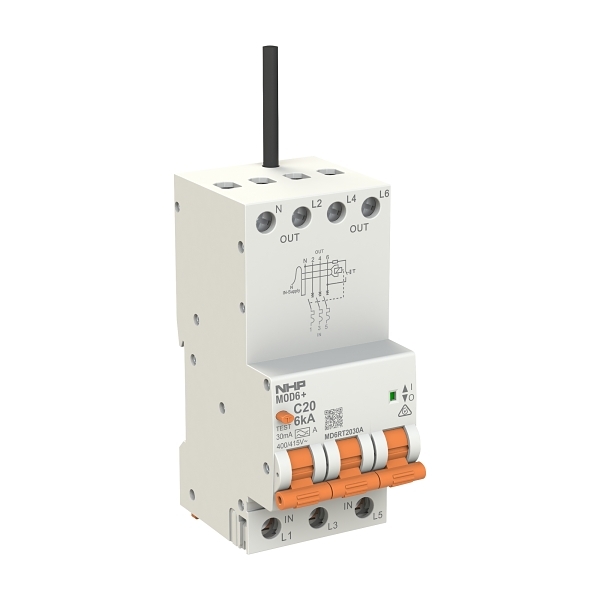 MOD6+ RCBO 6kA 3P+N 25A C Curve 30mA Type A 54mm