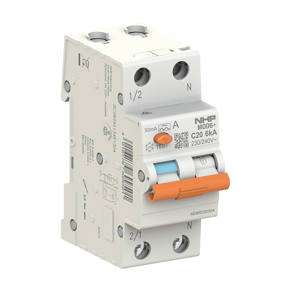 MOD6+ RCBO 6kA 1P+N 16A C Curve 30mA Type A 36mm